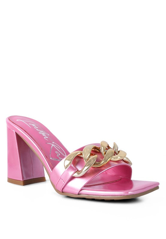 Block Heeled Slides With Gold Chain Accent