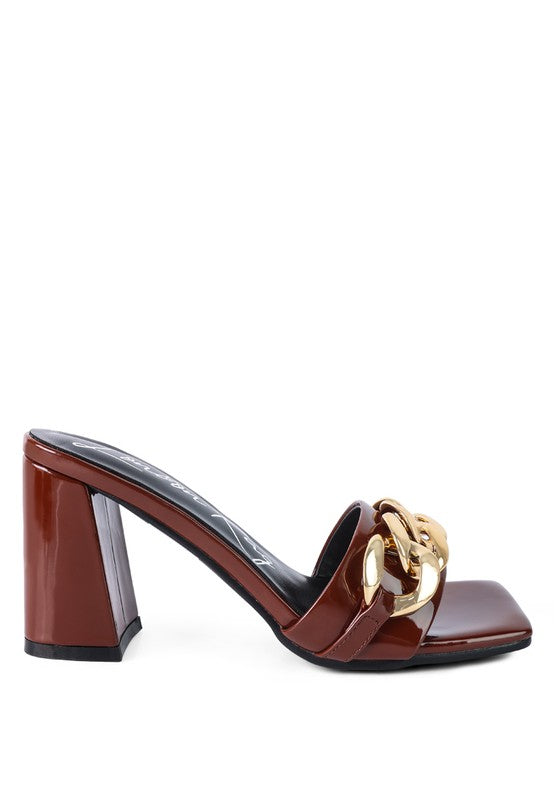 Block Heeled Slides With Gold Chain Accent