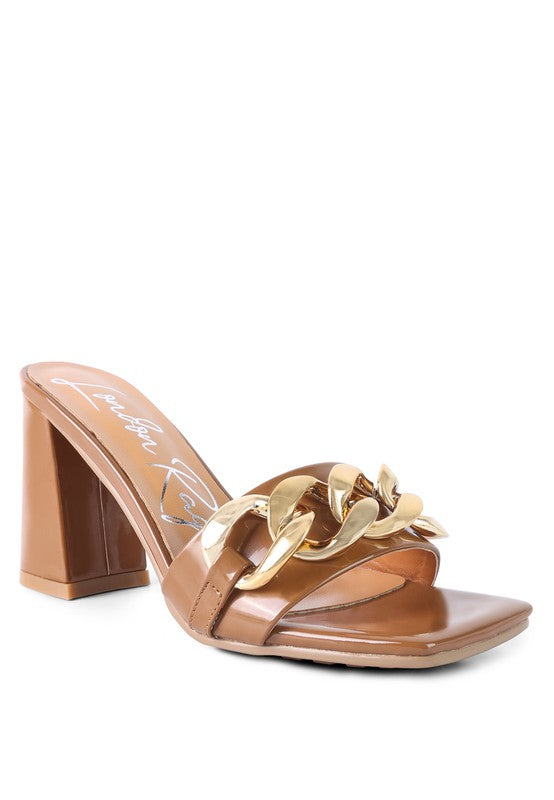 Block Heeled Slides With Gold Chain Accent