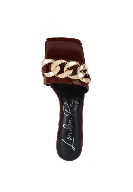 Block Heeled Slides With Gold Chain Accent