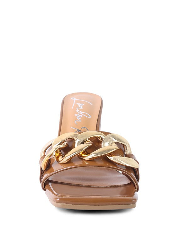 Block Heeled Slides With Gold Chain Accent