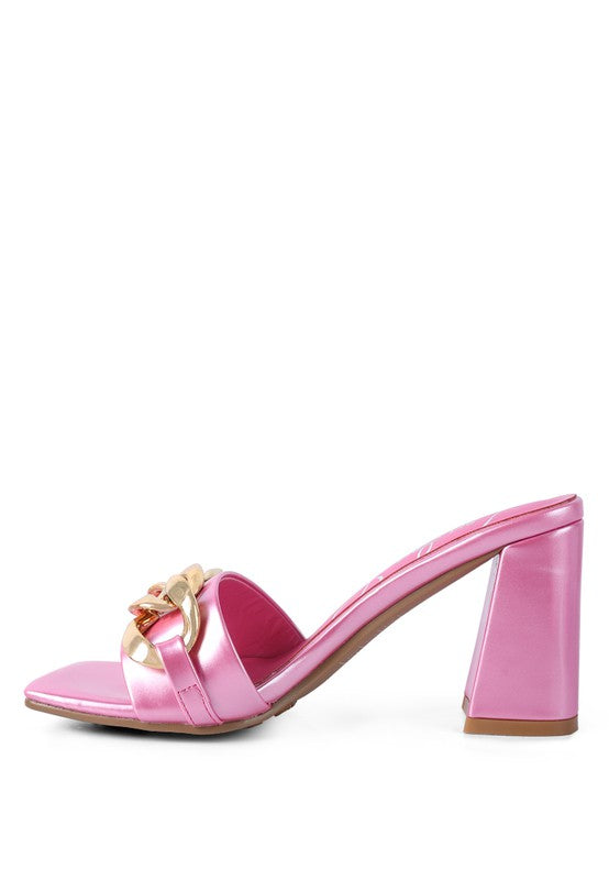 Block Heeled Slides With Gold Chain Accent