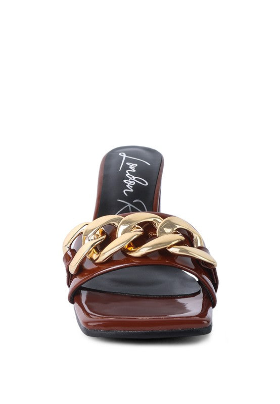 Block Heeled Slides With Gold Chain Accent