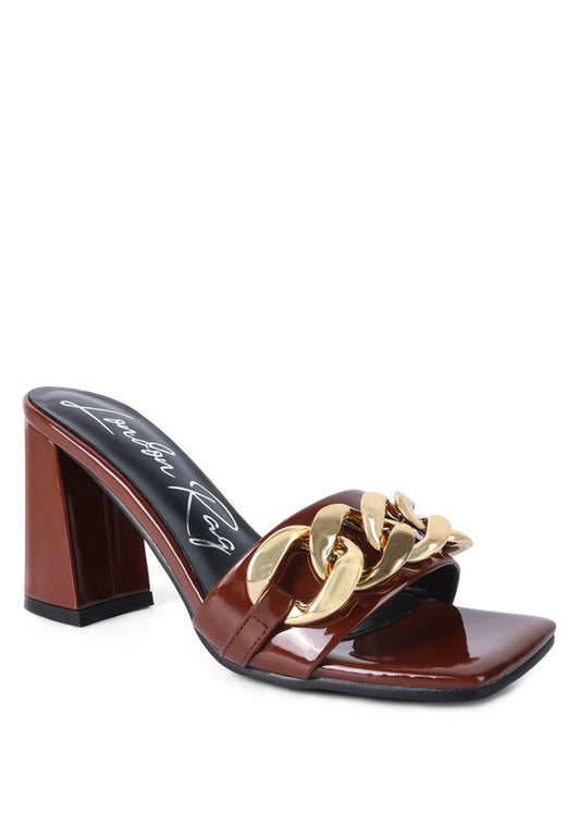 Block Heeled Slides With Gold Chain Accent