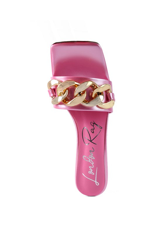 Block Heeled Slides With Gold Chain Accent