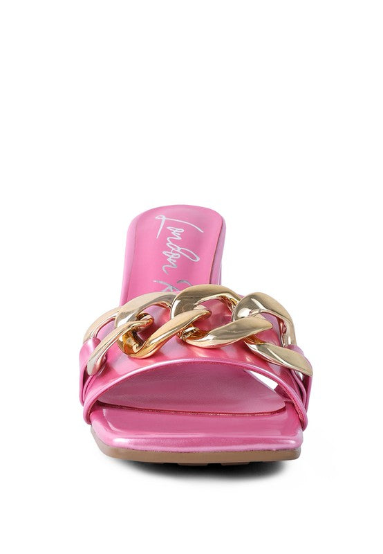 Block Heeled Slides With Gold Chain Accent