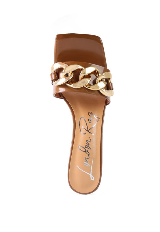 Block Heeled Slides With Gold Chain Accent