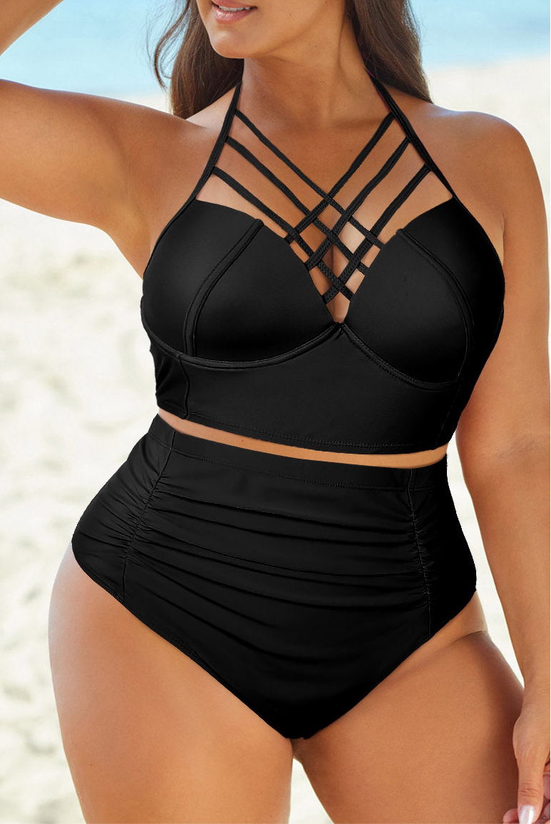 Full Size Halter Neck Crisscross Ruched Two-Piece Swimsuit