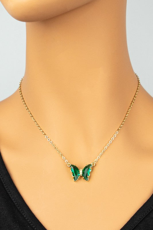 Gem Stone Butterfly Pendant Necklace