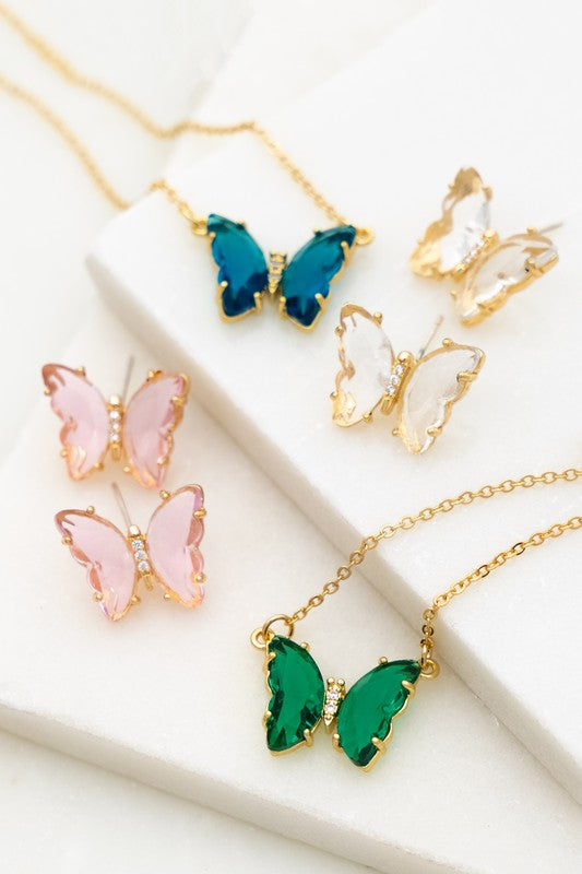 Gem Stone Butterfly Pendant Necklace