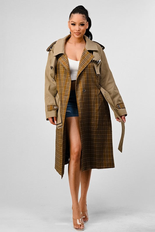 Plaid & Khaki Contrast Trench Coat