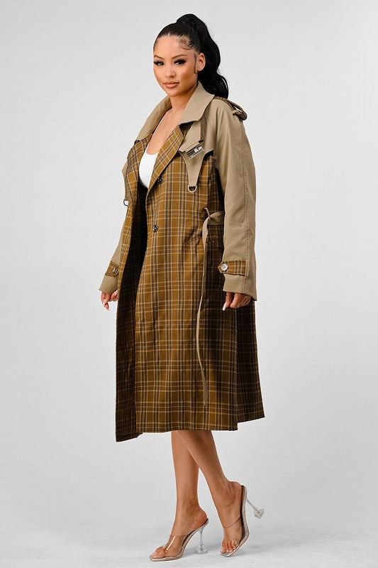 Plaid & Khaki Contrast Trench Coat