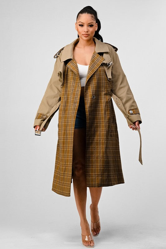 Plaid & Khaki Contrast Trench Coat