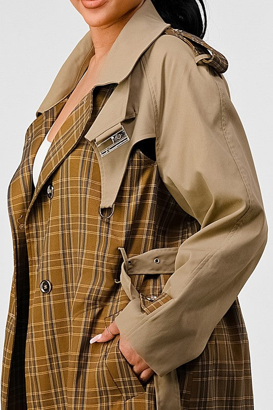 Plaid & Khaki Contrast Trench Coat