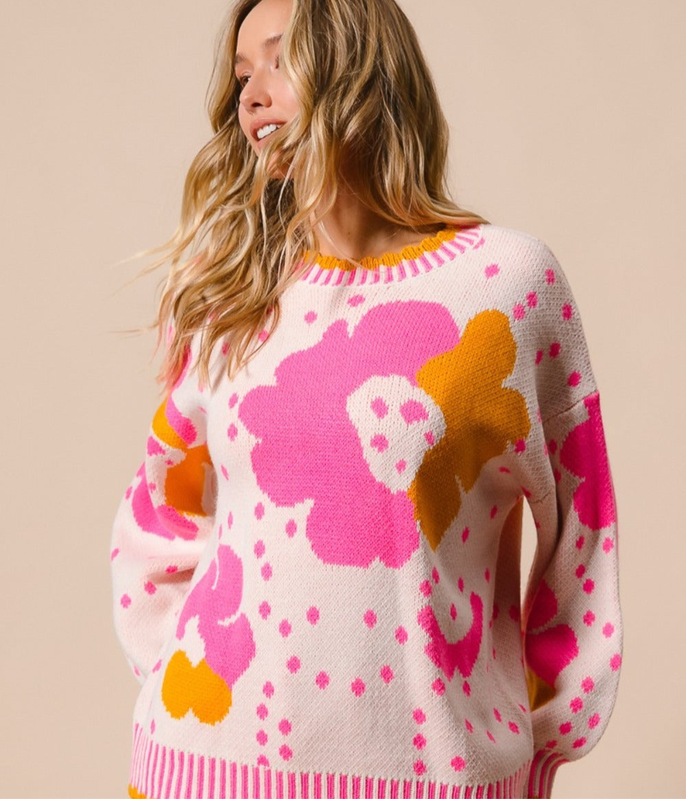 BiBi Flower Pattern Contrast Sweater