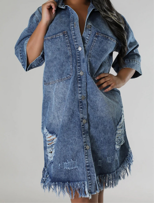 Distressed Raw Hem Button Up Denim Dress