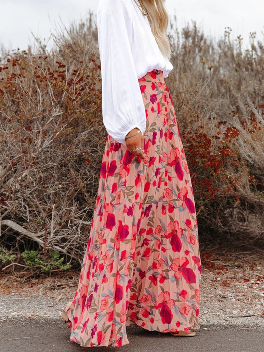 Floral Print Pleated Maxi Skirt