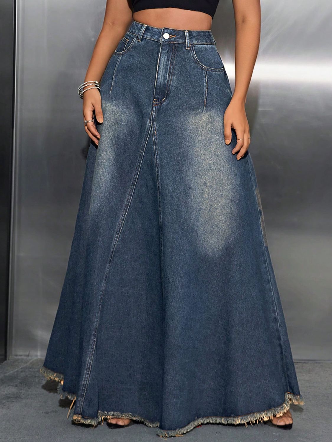 Raw Hem High Waist Denim Skirt