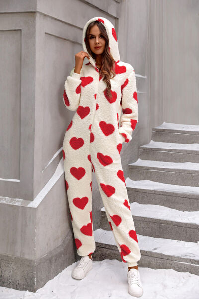 Fuzzy Heart Hoodie Jumpsuit